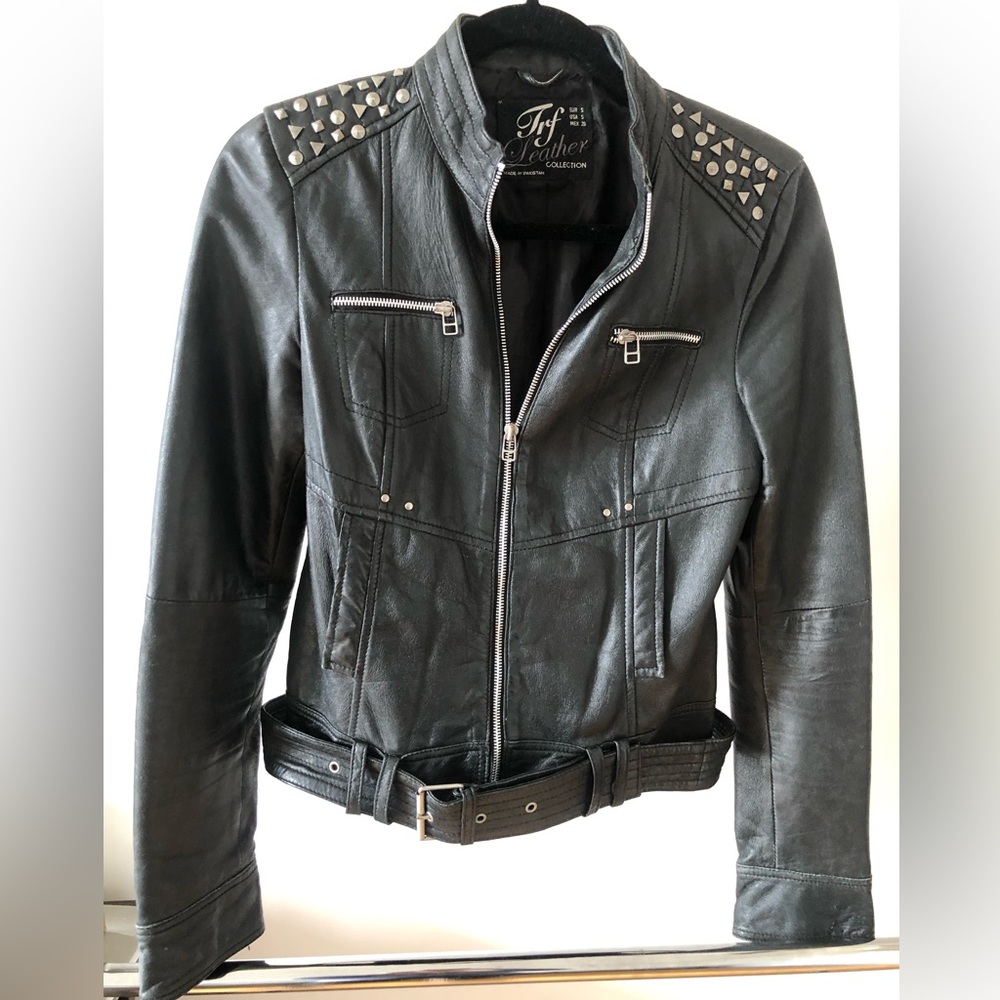 Zara black leather studded motorcycle jacket, size small